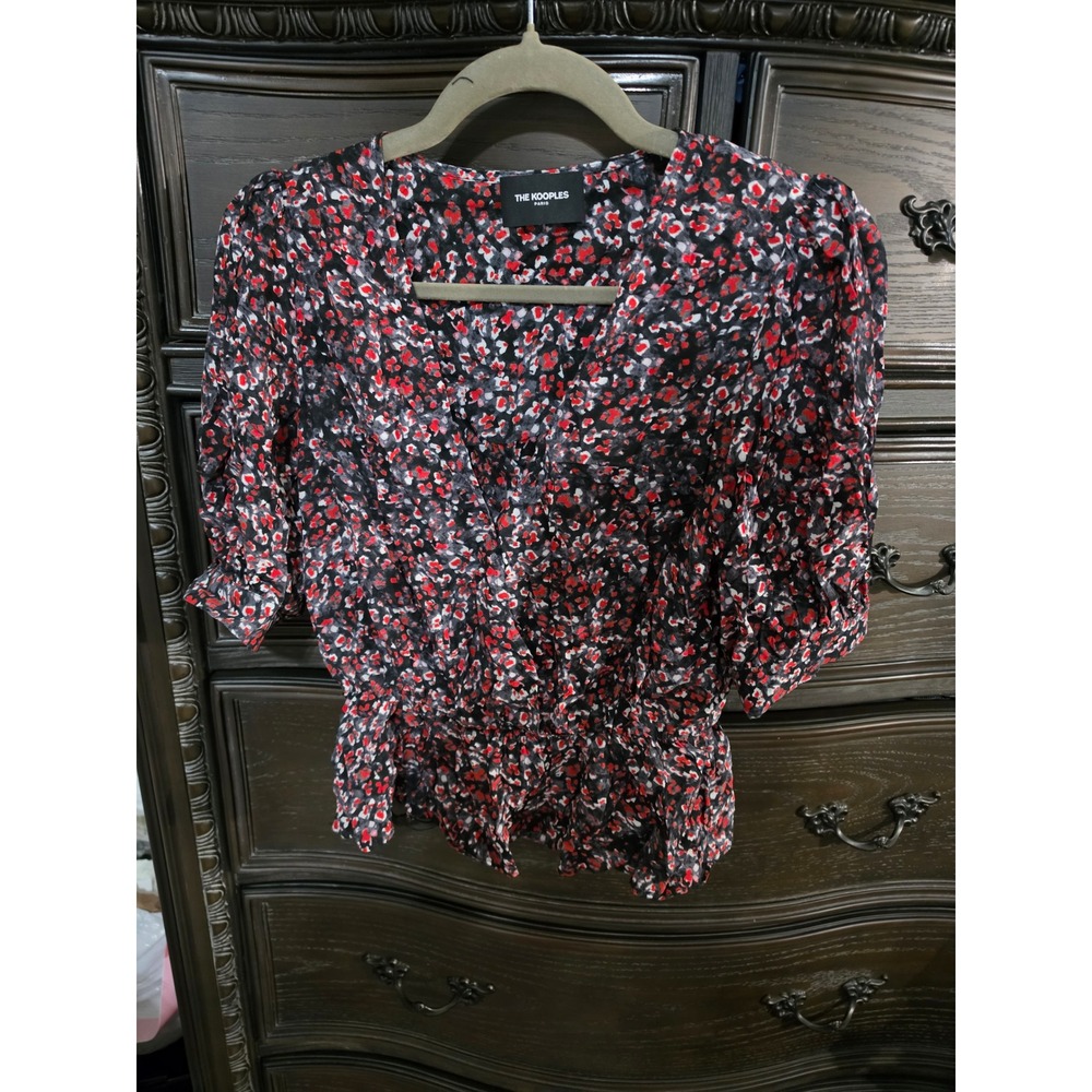 The Kooples Flowers‎ Dot Wrap Top Red Black Floral Smocked Peplum Blouse